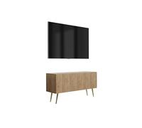 3E 3xE living.com Meuble TV à façade rainurée 100, chêne Craft, Pieds inclinés dorés, 100 × 32 × 52 cm