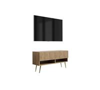 3E 3xE living.com Meuble TV avec façade rainurée, chêne Craft, Pieds inclinés dorés, 100 × 32 × 52 cm