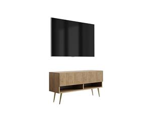 3E 3xE living.com Meuble TV avec façade rainurée, chêne Craft, Pieds inclinés dorés, 100 × 32 × 52 cm