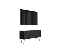 3E 3xE living.com Meuble TV avec façade rainurée, Noir Mat, Pieds inclinés dorés, 100 × 32 × 52 cm
