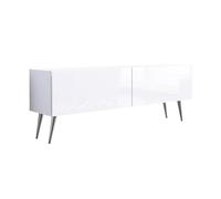 3E 3xE living.com Meuble TV : Deux Portes, Deux étagères, Couleur : Blanc Mat/Blanc Brillant, Pieds chromés, D : L : 140 cm, H : 52 cm, P : 32 cm