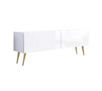 3E 3xE living.com Meuble TV : Deux Portes, Deux étagères, Couleur : Blanc Mat/Blanc Brillant, Pieds dorés D : L : 140 cm, H : 52 cm, P : 32 cm