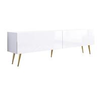 3E 3xE living.com Meuble TV : Deux Portes, Deux étagères, Couleur : Blanc Mat/Blanc Brillant, Pieds dorés D : L : 170 cm, H : 52 cm, P : 32 cm