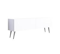 3E 3xE living.com Meuble TV : Deux Portes, Deux étagères, Couleur : Blanc Mat, Pieds chromés, D : L : 140 cm, H : 52 cm, P : 32 cm