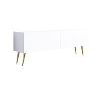 3E 3xE living.com Meuble TV : Deux Portes, Deux étagères, Couleur : Blanc Mat, Pieds dorés D : L : 140 cm, H : 52 cm, P : 32 cm