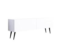 3E 3xE living.com Meuble TV : Deux Portes, Deux étagères, Couleur : Blanc Mat, Pieds Noirs D : L : 140 cm, H : 52 cm, P : 32 cm