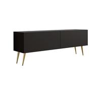 3E 3xE living.com Meuble TV : Deux Portes, Deux étagères, Couleur : Noir Mat, Pieds dorés D : L : 140 cm, H : 52 cm, P : 32 cm