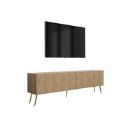 3E 3xE living.com Meuble TV, façades rainurées, chêne Craft, Pieds inclinés dorés, 170 × 32 × 52 cm