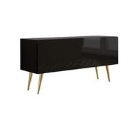 3E 3xE living.com Meuble TV : Une Porte, Une étagère, Couleur : Noir Mat/Noir Brillant, Pieds dorés D : L : 100 cm, H : 52 cm, P : 32 cm
