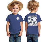 3ème anniversaire garçon T-shirt Young Wild & Three Imprimer Chemises troisième anniversaire pour garçons enfants T-shirt d'anniversaire d'été à manches courtes Top coton pour enfants, bleu, 3 ans