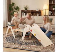 3en1 Triangle d'Escalade Montessori-COSTWAY-Pliable,Toboggan, Rampe, Pont Équilibre & Blocs Cartoon, Bois Sécurisé, 3+ Ans,Beige
