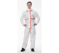 3M 4565 Combinaison de protection, blanc+rouge, type 4/5/6, taille XL, extrêmement robuste, coutures scellées, matériel PE laminé non-microporeux, peluchage particulièrement faible, fermeture éclair d