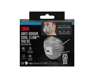 3M 9922 Masque anti-odeur FFP2 avec valve d'expiration Cool-Flow, contre les particules solides ainsi que les aérosols liquides non volatils, jusqu'à 10 fois la valeur VME pour l'ozone ainsi que contr