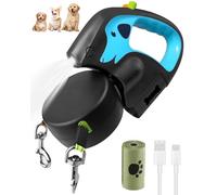 3M Laisse double rétractable pour chien, jusqu'à 20 kg, poignée antidérapante, avec lampe de poche rechargeable et sac à ordures, bande en nylon réfléchissante à 360°, pour promener 2 chiens