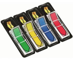 3M Post-it Index Flèches 684ARR3, 11,9 mm x 43,2 mm, bleu, jaune, vert, rouge, 4 x 24 bandes adhésives dans un distributeur x24 morceau