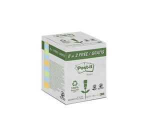 3M Post-it Recycling Notes 654RCP8+2, 76 mm x 76 mm, jaune banane, bleu clair, vert clair, 10 blocs de 100 feuilles x12 morceau