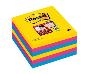 3M Post-it Super Sticky Notes 675-S6R, 6 blocs de 90 feuilles, Rio de Janeiro Collection : ultra jaune, -bleu, -rose, 101 mm x 101 mm, ligné, certifié PEFC x12 morceau