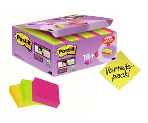 3M Post-it Super Sticky Notes Promotion 622P24SC, 24 blocs de 90 feuilles dans un carton à prix avantageux, ultra-rose, -jaune, vert fluo, 48 mm x 48 mm, non cellophané individuellement, certifié PEFC