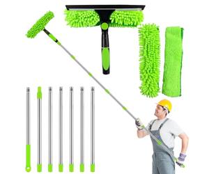 3m Réglable Lave Vitre Telescopique, 3-en-1 Nettoyeur de Raclette Vitre Kit, avec Balai en Silicone et Brosse, Kit de Nettoyage de Fenêtres avec Tête Rotative et Orientable, pour Salle de Bain, Douche