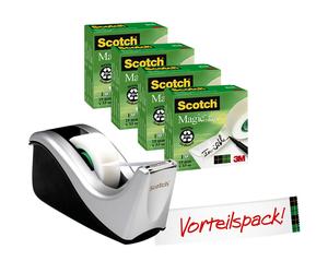 3M Scotch Dérouleur de table Promotion C60-ST4, Dérouleur de table noir-argenté y compris 4 rouleaux de ruban adhésif Scotch Magic à prix avantageux, 19 mm x 33 m x12 morceau