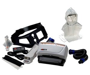 3M TR-619+ Kit de démarrage Versaflo y compris TR-602E, accessoires et cagoule légère 3M Versaflo Premuim S855 Kit de démarrage y compris support de tête et collerette textile. Résistant aux produits