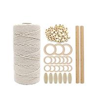 3mm 110 mètres de fil de cordon de coton macramé naturel avec perles en bois anneaux en bois bâtons en bois pour tricoter artisanat tenture murale décoration de la maison bricolage à la main