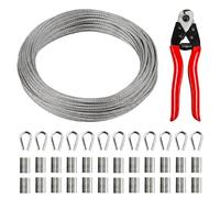 3mm Câble en Acier Inoxydable,Kit de Suspension 30m en Acier Inoxydable avec 1 Sertisseur,24 Manchons,12 Dés à Coudre,Construction 7x7,Cable pour Les Cordes à Linge,Lumières Suspendues,Clôture