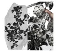 3pc 28 * 15cm 7 Colors Sequins Beads Lace Flowers Decals Appliques Trims Mesh Sew On Patch Embroidery For Wedding Gown Decor DIY(Black)
