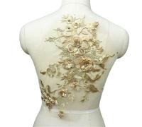 3pc 3D Embroidered Sewing On Patches For Clothing Flower Lace Patch Wedding Party Gown Bridal Dress Fabric Appliques DIY Repair(Golden)
