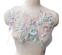 3pc 3D Embroidered Sewing On Patches For Clothing Flower Lace Patch Wedding Party Gown Bridal Dress Fabric Appliques DIY Repair(Pink Green)