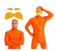 3pc Costume de carnaval orange, combinaison de cosplay moulant, avce barbe+sourcil, visage ouvert,costume Slenderman, seconde peau, idéal pour Halloween, carnaval et bal masqué, unisexe pour adulte