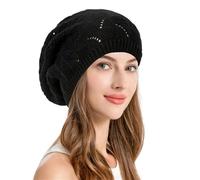3pc Women Hollow Out Knitted Beret Hat Spring Autumn Elastic Crochet Beanies For Lady Casual Solid Color Painter Artist Caps(Black)