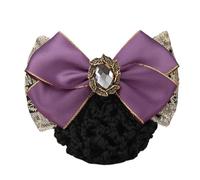 3pc Women Satin Lace Bow Hair Bun Rhinestone Net Snood Crochet Cover Pearl Clips Elegant Barrette(Purple)