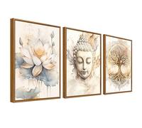 3Pcs Arbre de Vie Bouddha Tableau Encadré Poster Mural Bouddhisme Zen Fleur de Lotus Beige Affiche Peinture Impression sur Toile Tableau Decoration Murale Salon Chambre Salle à manger 40x60cm x3pcs