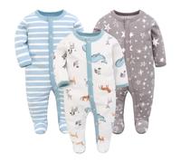 3PCS Baby Sleeping Rompers Baby Pyjamas Sac de couchage en coton avec pieds avec boutons Gr. 56 62 68 pour bébés filles (baleine + wapiti + rayures vertes, 62, Numeric_62)