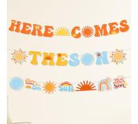 3pcs Bannières Here Comes the Son, Décoration de Baby Shower Soleil Décoration de Fête Prénatale Garçon Accessoires Photo Bannière Premier Voyage Autour Fournitures de Fête d'Anniversaire
