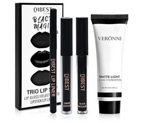 3PCS Black Matte Lipstick,Fond De Teint Blanc,Maquillage gothique Halloween | Black Matte Lipstick, Lip Liner, Lip Gloss Trio Lip Set,Fond De Teint Blanc,Maquillage gothique,pour gothiques,vampires,clown