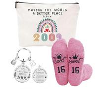 3PCS Cadeaux de 16e Anniversaire pour Filles avec Trousse de Maquillage,Porte-clés et Chaussettes HSYWSH-Cadeau d'anniversaire Unique pour Fille de 16 Ans pour Femmes, Meilleurs Amis, Filles (Rose)