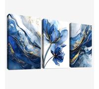 3Pcs Cadre en Bois Impression sur Toile Aquarelle Fleur de Lotus Bleu Or Tableau Image sur Toile Abstrait Marbre Bleu Marine Peinture Tableau Decoration Murale Salon Chambre Salle de Bain 40x60cmx3pcs