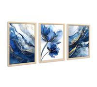 3Pcs Cadre en bois Impression sur Toile Aquarelle Fleur de Lotus Bleu Or Tableau Peinture sur Toile Marbre Bleu Marine Tableau Decoration Murale Salon Chambre Maison 30x40cm x3pcs (Pas de plexiglas)
