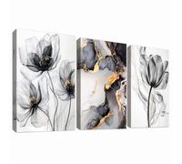 3Pcs Cadre en Bois Impression sur Toile Aquarelle Fleurs de Coquelicot Tableau Image sur Toile Marbre Noir Cendre Or Abstrait Peinture Tableau Decoration Murale Salon Chambre Salle de Bain 30x40cm x3