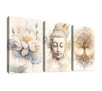 3Pcs Cadre en Bois Impression sur Toile Arbre de Vie Bouddha Tableau Image sur Toile Bouddhisme Zen Fleur de Lotus Beige Peinture Tableau Decoration Murale Salon Chambre Salle de Bain 30x40cm x3