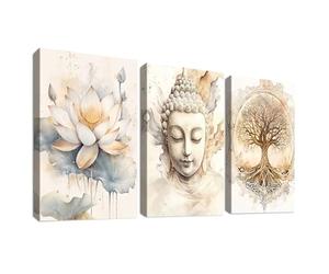 3Pcs Cadre en Bois Impression sur Toile Arbre de Vie Bouddha Tableau Image sur Toile Bouddhisme Zen Fleur de Lotus Beige Peinture Tableau Decoration Murale Salon Chambre Salle de Bain 50x70cm x3