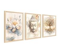 3Pcs Cadre en bois Impression sur Toile Arbre de Vie Bouddha Tableau Peinture sur Toile Bouddhisme Zen Fleur de Lotus Beige Tableau Decoration Murale Salon Chambre 40x60cm x3pcs (Pas de plexiglas)