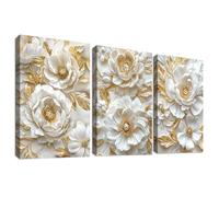 3Pcs Cadre en Bois Impression sur Toile Beige Or 3D Pivoines Fleurs Tableau Image sur Toile Poster Camée Floral de Luxe Peinture Tableau Decoration Murale Salon Chambre Salle de Bain 40x60cm x3