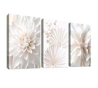 3Pcs Cadre en Bois Impression sur Toile Blanc Lotus Pivoine Tableau Affiche Decoration Murale Image Fleur Feuilles de Palmier Boho Tableau Decoration Murale Salon Chambre Salle de Bain 40x60cm x 3pcs