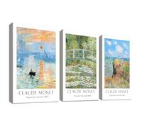 3Pcs Cadre en Bois Impression sur Toile Claude Monet L'étang aux Nénuphars Tableau Affiche Decoration Murale Lever de Soleil Impressionniste Vintage Tableau Decoration Murale Salon Chambre 50x70cmx3