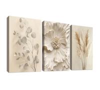 3Pcs Cadre en Bois Impression sur Toile Fleur Beige Herbe de la Pampa Tableau Image sur Toile Feuille D'eucalyptus Crème Peinture Tableau Decoration Murale Salon Chambre Salle de Bain 30x40cmx3pcs