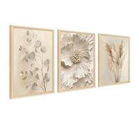 3Pcs Cadre en bois Impression sur Toile Fleur Beige Herbe de la Pampa Tableau Peinture Feuille D'eucalyptus Crème Tableau Decoration Murale Salon Chambre Maison 40x60cm x3pcs (Pas de plexiglas)