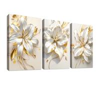 3Pcs Cadre en Bois Impression sur Toile Fleurs de Lys Blanc Doré Tableau Image sur Toile Étamines Dorées Fleurs Peinture Tableau Decoration Murale Salon Chambre Salle de Bain 50x70cm x 3pcs